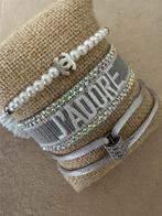 Set van 3 grijze armbanden satijn koord strass verguld parel, Overige materialen, Nieuw, Ophalen of Verzenden, Grijs