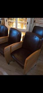 Lloyd loom 4 leren stoelen met wieltjes, Huis en Inrichting, Fauteuils, Ophalen, Gebruikt, 50 tot 75 cm