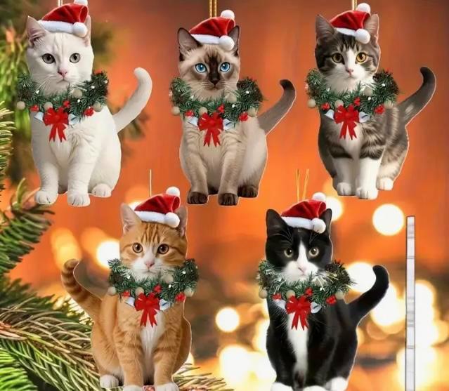 Set 5 kerstboomhangers katten kerstmuts kerstkrans kerstbal, Diversen, Kerst, Nieuw, Ophalen of Verzenden