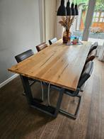 Eiken eettafel met stalen poten + 6 stoelen, Huis en Inrichting, Tafels | Eettafels, Ophalen, Gebruikt, 200 cm of meer, 50 tot 100 cm