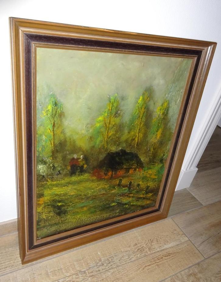 Schilderijtje met echtpaar, boerderijtje in een Landschap., Antiek en Kunst, Kunst | Schilderijen | Klassiek, Ophalen of Verzenden