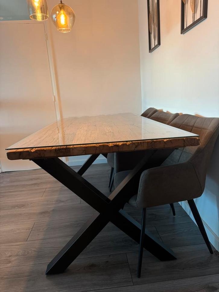 Industriële eettafel met glas, Huis en Inrichting, Tafels | Eettafels, Zo goed als nieuw, 50 tot 100 cm, 150 tot 200 cm, Rechthoekig