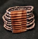 Vintage armband van hoorn en rocailles houten elastiek, Met edelsteen, Bruin, Verzenden, Zo goed als nieuw
