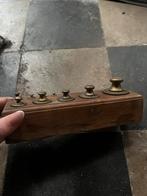 Antiek Messing Gewichten Houten Blok Precisie Weegschaal, Antiek en Kunst, Ophalen of Verzenden