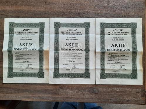 3X oude aandelen OHIM 1000 Mark Deutsche Holzimport 1920, Postzegels en Munten, Aandelen en Waardepapieren, Aandeel, 1920 tot 1950