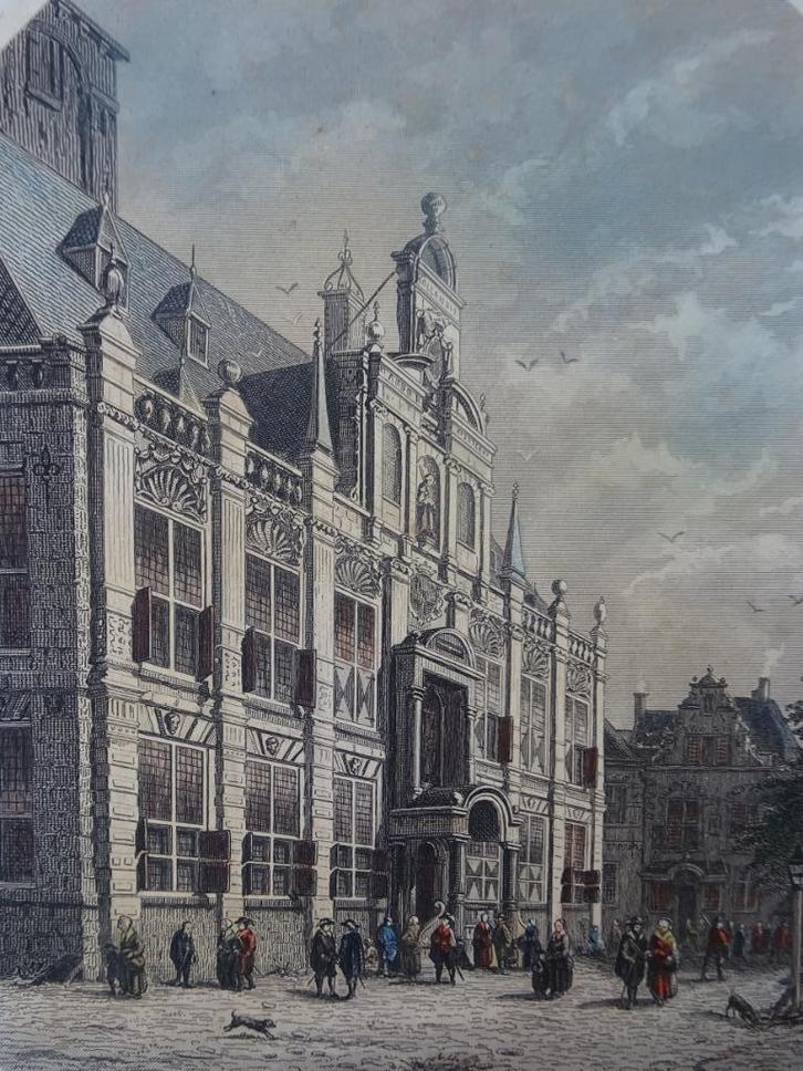 Staalgravure kleur stadhuis Delft J.H. Renneveld 1868, Antiek en Kunst, Kunst | Etsen en Gravures, Verzenden