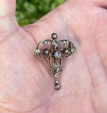 Art Nouveau antieke 14k gouden broche 15 diamanten dames beschikbaar voor biedingen