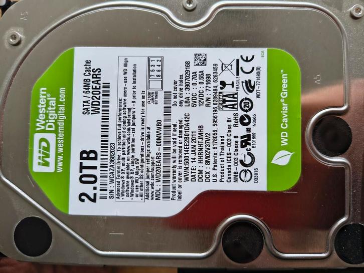 WD HDD 2TB caviar green, Computers en Software, Harde schijven, Gebruikt, Desktop, Ophalen of Verzenden