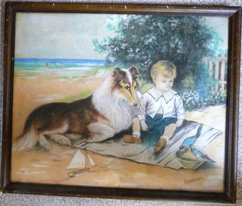 Oud - Strand tafereel ong. 1920/1930 - J. Mikkenie– pastel, Antiek en Kunst, Kunst | Schilderijen | Klassiek, Ophalen of Verzenden
