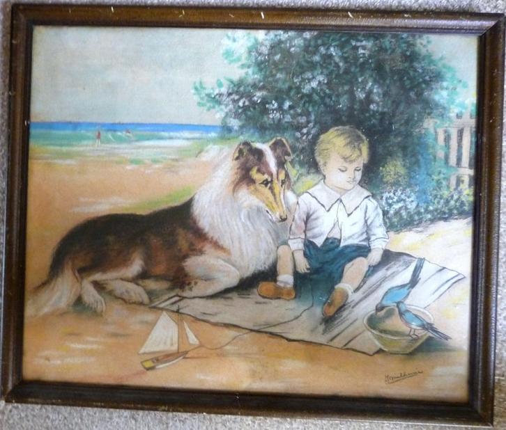 Oud - Strand tafereel ong. 1920/1930 - J. Mikkenie– pastel, Antiek en Kunst, Kunst | Schilderijen | Klassiek, Ophalen of Verzenden