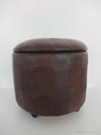 vintage bruine leren poef met opbergruimte, Ophalen, Minder dan 50 cm, Vintage, Rond