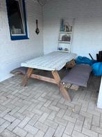 Houten Picknicktafel met Tafelzeil & Kussens, Tuin en Terras, Ophalen, Gebruikt, Inklapbaar, Rechthoekig