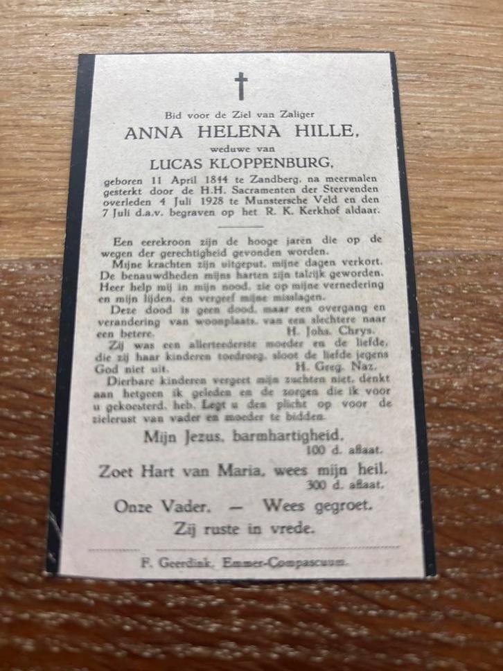 Hille Anna 1844 Zandberg 1928 Munstersche Veld x Kloppenburg, Verzamelen, Bidprentjes en Rouwkaarten, Bidprentje, Ophalen of Verzenden