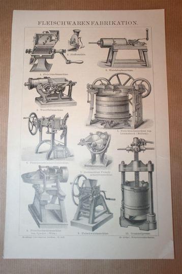 Antieke prent - Machines voor vleesbewerking - Ca 1885 !! beschikbaar voor biedingen