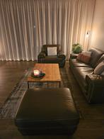 Natuzzi lederen fauteuil met hocker - Taupe/bruin, Gebruikt, Eenpersoons, Ophalen of Verzenden, Minder dan 150 cm