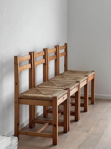 Set van 4 vintage houten stoelen met rieten zitvlak, 1970 beschikbaar voor biedingen