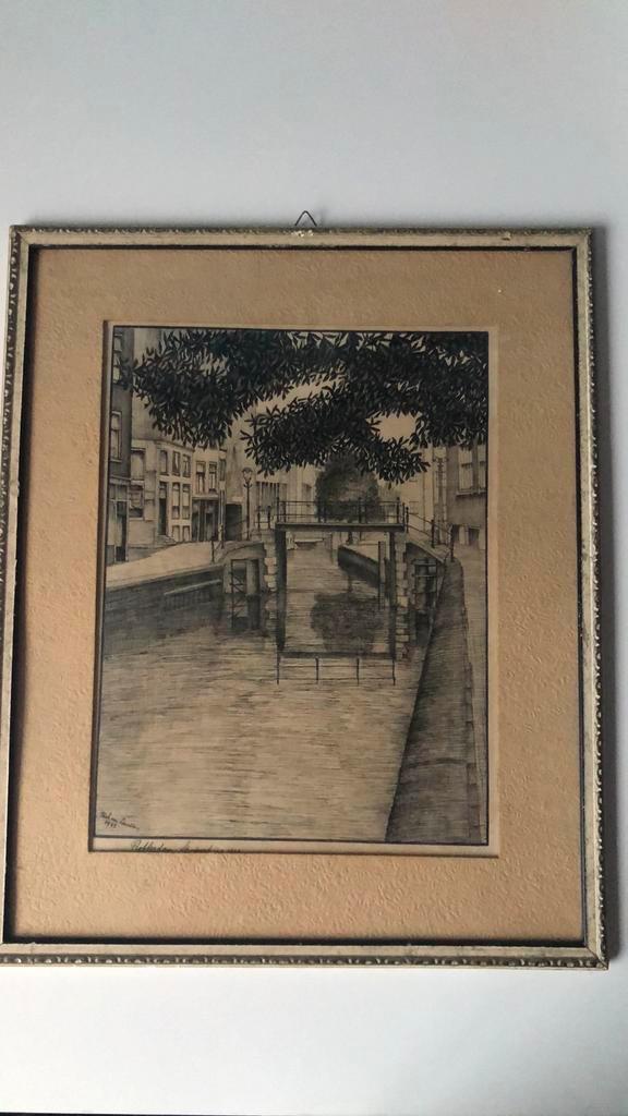 Pentekening Rotterdam Spuiwater 1943 - Riek van Leeuwen, Antiek en Kunst, Kunst | Schilderijen | Klassiek, Ophalen of Verzenden