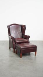 Geweldige bordeauxrode rundleren oorfauteuil + hocker, Huis en Inrichting, Fauteuils, Ophalen, Klassiek, Engels, Gebruikt, .
