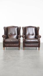 Set van 2 rundleren oorfauteuils in Engelse stijl, Huis en Inrichting, Fauteuils, Ophalen, Gebruikt, ., 75 tot 100 cm