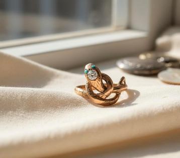 Antieke Gouden Slangenring Diamant & Turkoois beschikbaar voor biedingen