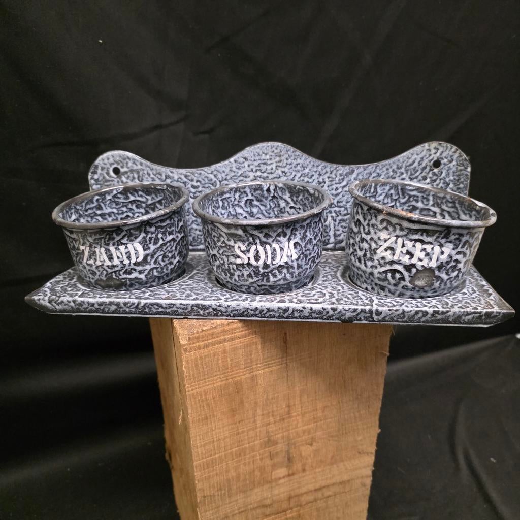 Antiek Grijs Gewolkt Emaille Zand-Zeep-Sodastel (Compleet), Ophalen of Verzenden