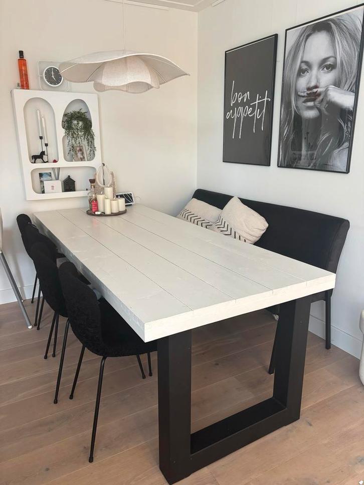 Eetkamerset: Tafel, 4 Stoelen & Bank, Huis en Inrichting, Stoelen, Gebruikt, Vier, Stof, Zwart, Ophalen of Verzenden