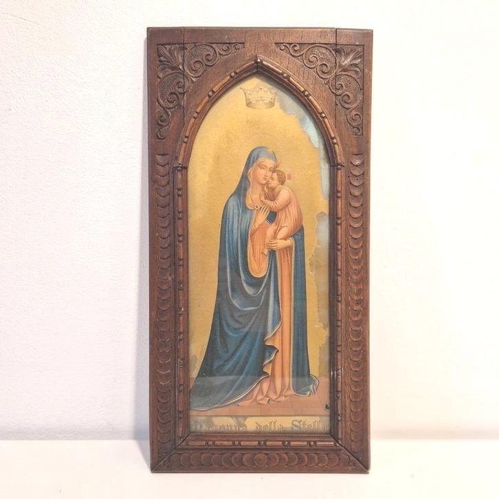 Antieke icoon in hendgesneden lijst maria en jezus lijst, Antiek en Kunst, Antiek | Religie, Ophalen of Verzenden