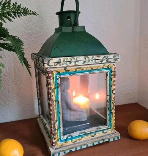 Houten lantaarn windlicht kleurrijk bohemian shabby chic, Huis en Inrichting, Woonaccessoires | Kandelaars en Kaarsen, Zo goed als nieuw