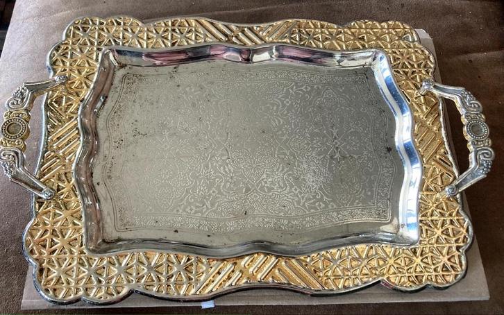 Vintage verzilverd oosters dienblad, Huis en Inrichting, Woonaccessoires | Dienbladen, Gebruikt, Hout, Rechthoekig, Ophalen of Verzenden