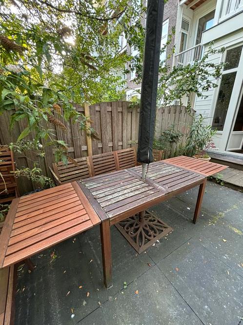 Solid Wood Extendable Garden Table + Parasol, Tuin en Terras, Tuintafels, Rechthoekig, Hout, Ophalen