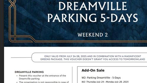 Parkeerticket Tomorrowland Dreamville W2 24-28 juli, Tickets en Kaartjes, Evenementen en Festivals, Eén persoon