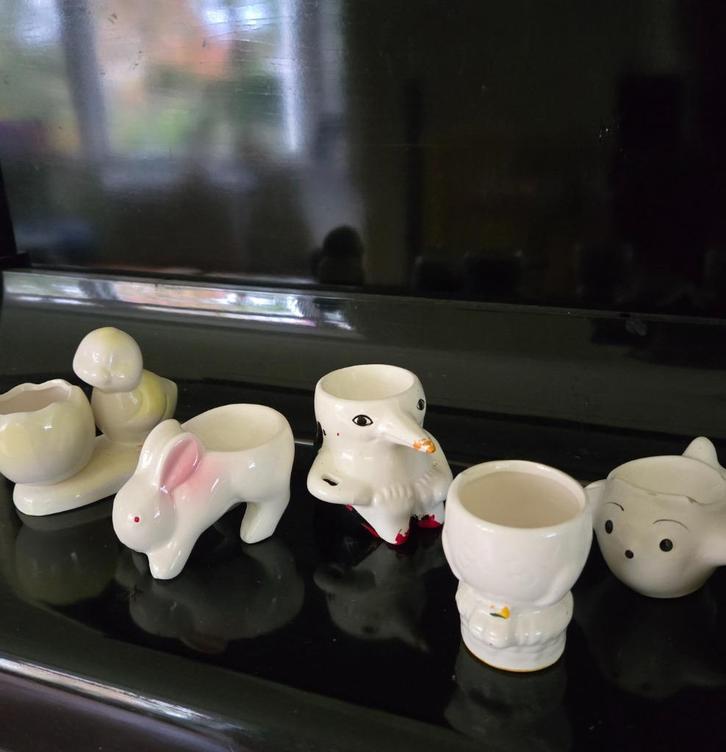 Set: Ooievaar en 6 andere figuur  eierdoppen, Verzamelen, Retro, Huis en Inrichting, Ophalen