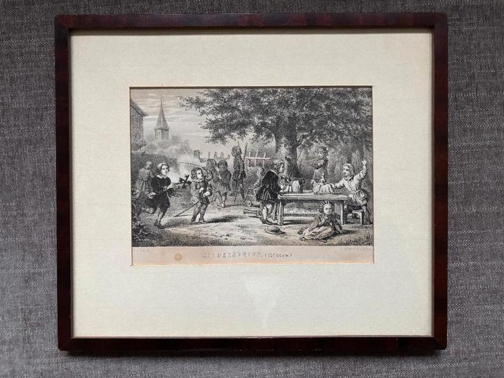 Antieke litho Kinderspelen (15e eeuw) in lijst., Antiek en Kunst, Kunst | Litho's en Zeefdrukken, Ophalen of Verzenden