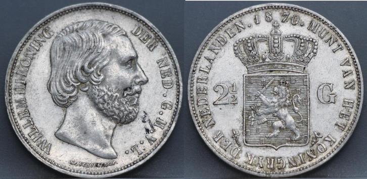 Erg mooie rijksdaalder 1870 - 2 1/2 gulden 1870 - Willem 3, Postzegels en Munten, Munten | Nederland, Losse munt, 2½ gulden, Koning Willem III
