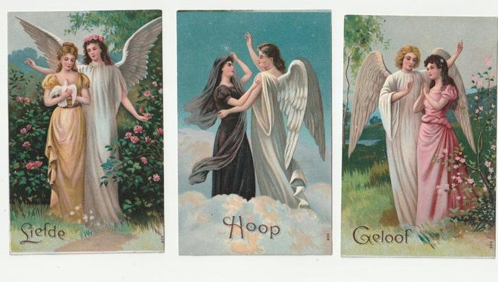 3 schitterende reliëf kaarten engelen geloof hoop liefde, Verzamelen, Ansichtkaarten | Themakaarten, Ongelopen, Overige thema's