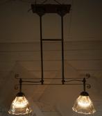 antiek holophane duo lamp glas messing armatuur ribbel, Ophalen of Verzenden