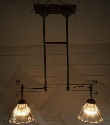 antiek holophane duo lamp glas messing armatuur ribbel beschikbaar voor biedingen