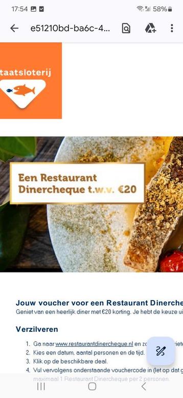 Dinner korting bon t.w.v. 20 euro. beschikbaar voor biedingen