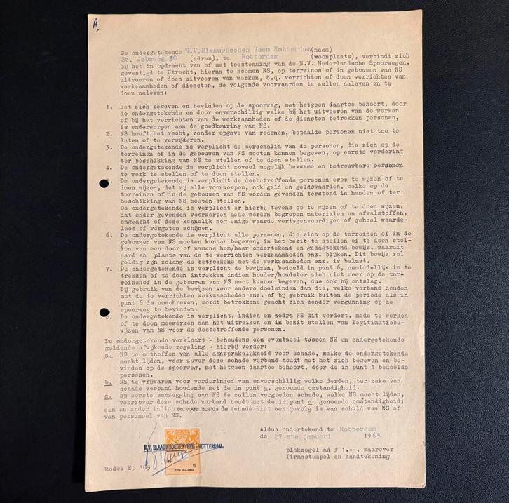 Vergunning NS werkzaamheden spoorterrein (Rotterdam - 1965), Verzamelen, Spoorwegen en Tramwegen, Gebruikt, Trein, Ophalen of Verzenden