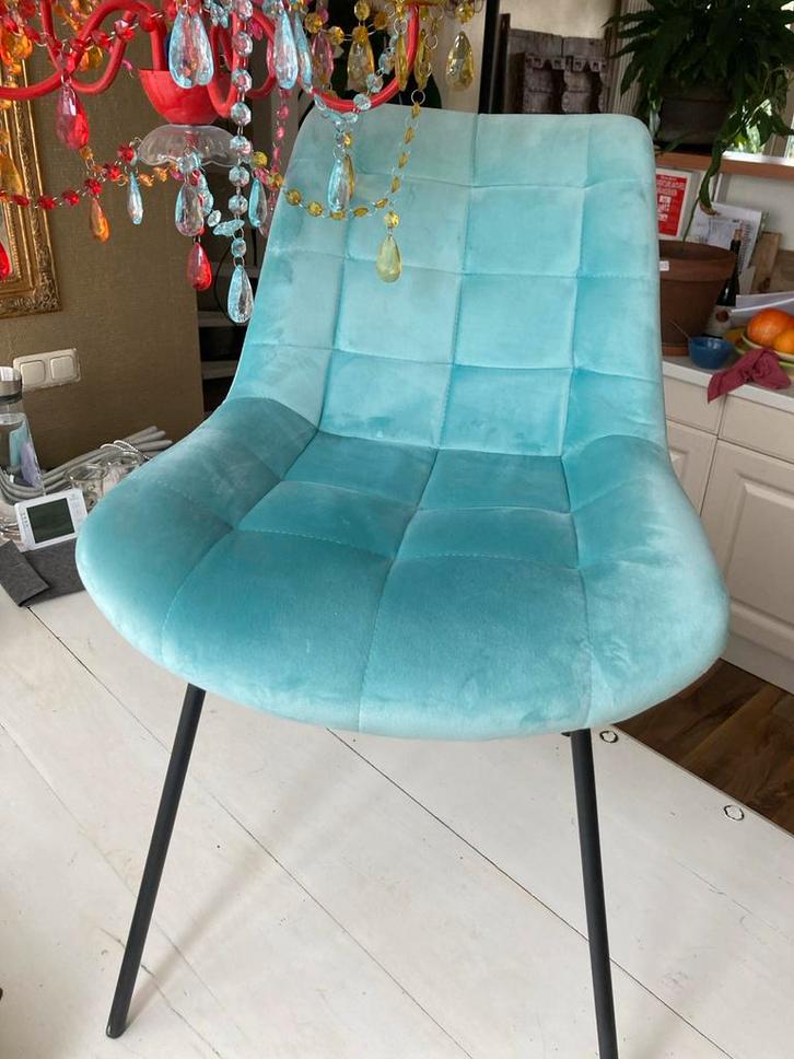3 Blauwe Stoffen Eetkamerstoelen, Huis en Inrichting, Stoelen, Drie, Stof, Blauw, Ophalen