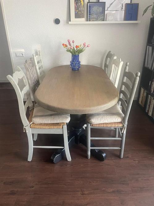 Ovale eikenhouten eettafel incl. 6 stoelen, Huis en Inrichting, Tafels | Eettafels, Gebruikt, 50 tot 100 cm, 150 tot 200 cm, Vijf personen of meer