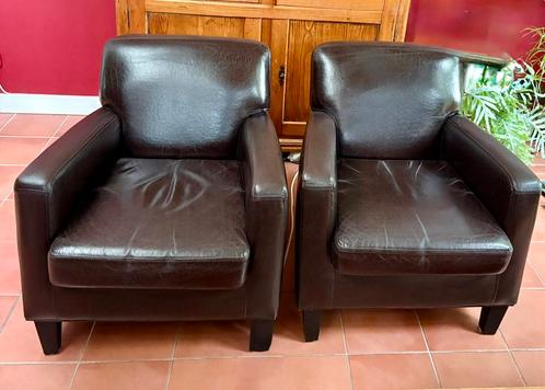 2 bruine leren fauteuils, Huis en Inrichting, Fauteuils, Gebruikt, Leer, 50 tot 75 cm, 75 tot 100 cm, Ophalen