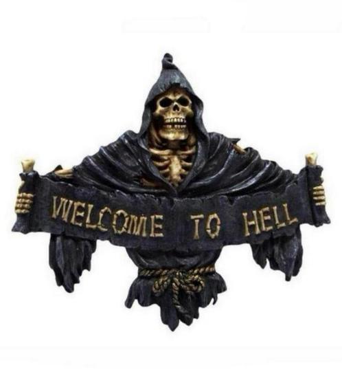 beeldje, Welkom in de Hel,  Grim Reaper hangend bord,hobby, Verzamelen, Beelden en Beeldjes, Nieuw, Fantasy, Ophalen of Verzenden