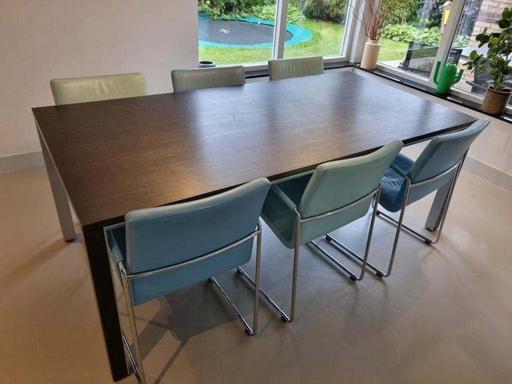 6 Leolux Talos Eetkamerstoelen - Blauw/Lichtblauw, Huis en Inrichting, Stoelen, Gebruikt, Vijf, Zes of meer stoelen, Leer, Metaal