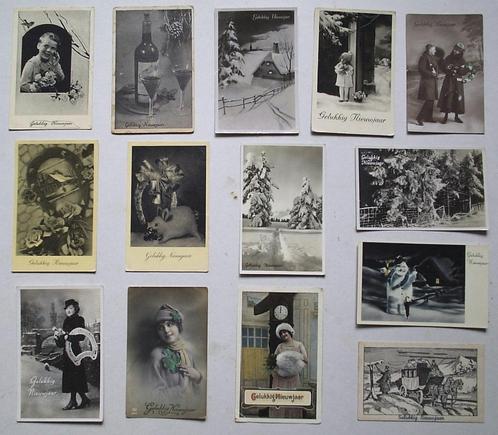 14x ansichtkaarten "Gelukkig Nieuwjaar" zwart/wit, Antiek en Kunst, Curiosa en Brocante, Verzenden