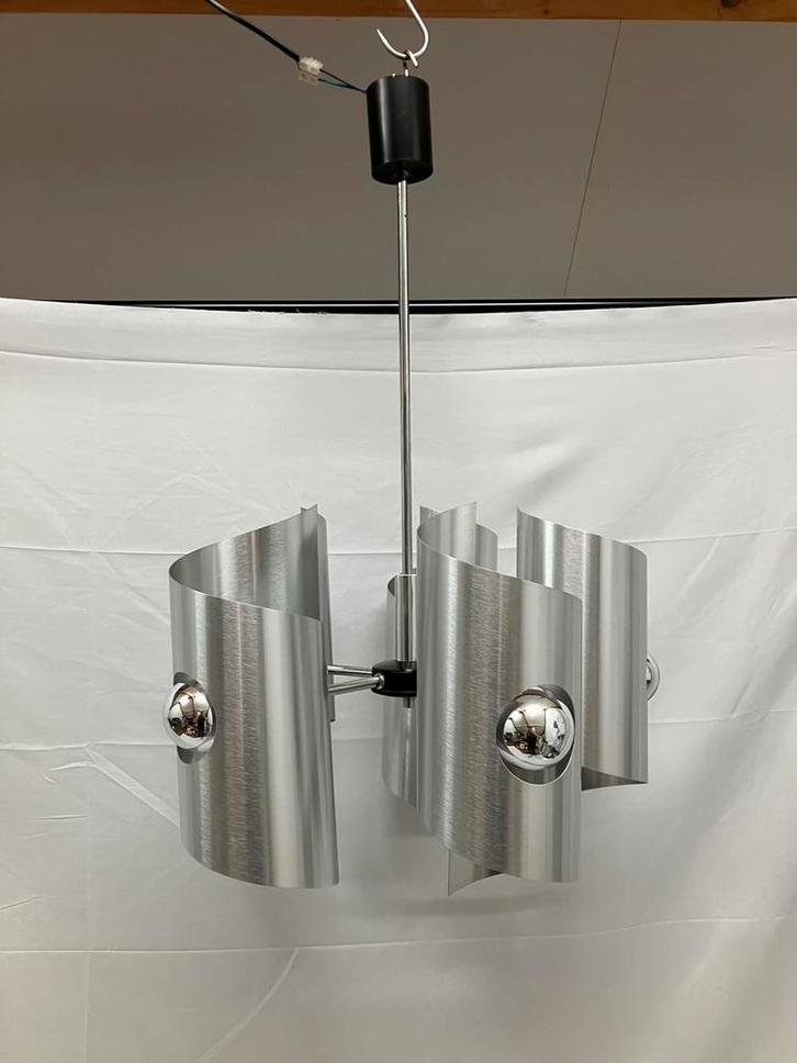 Vintage space age hanglamp, Polam, geborsteld aluminium, Huis en Inrichting, Lampen | Hanglampen, Zo goed als nieuw, Minder dan 50 cm