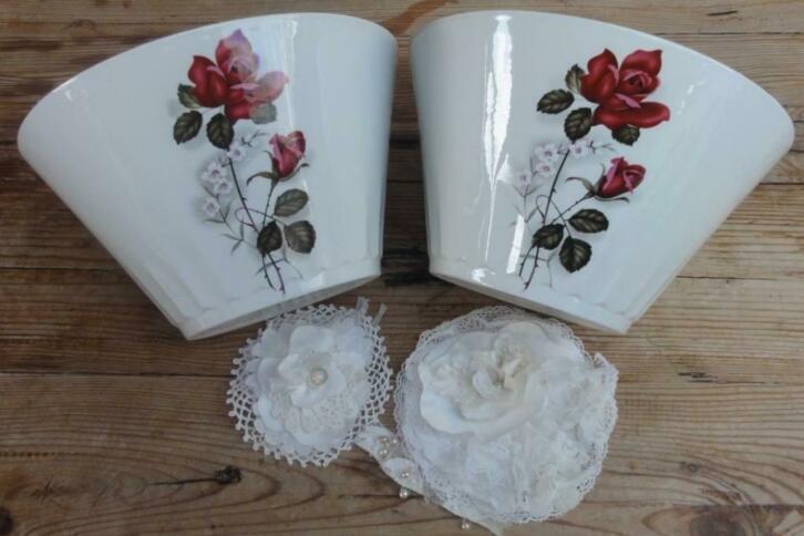 SALE 2 Franse brocante cache potten, rozen, Sarreguemines, Antiek en Kunst, Curiosa en Brocante, Ophalen of Verzenden