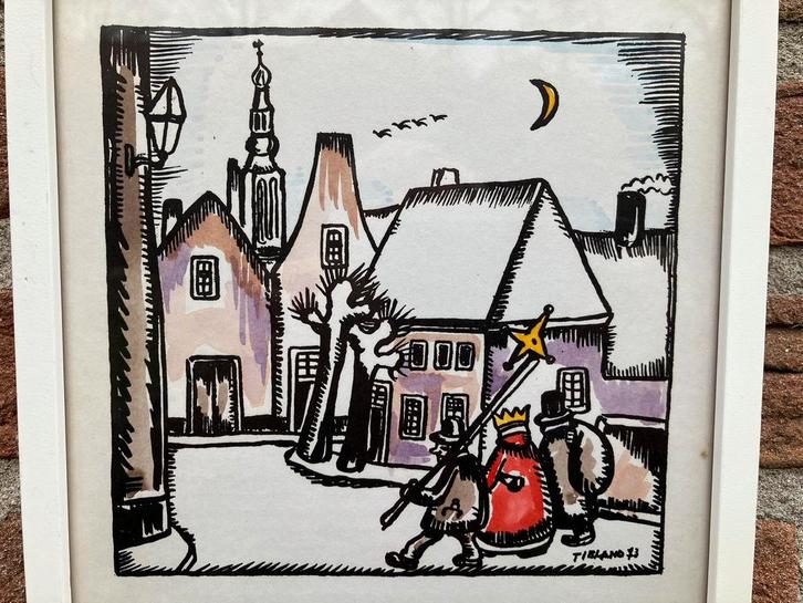 Toon  : oude kerst tekening van Amersfoort uit 1973, Antiek en Kunst, Kunst | Tekeningen en Foto's, Ophalen of Verzenden