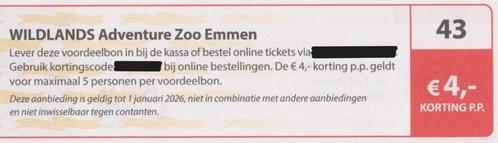 WILDLANDS Adventure Zoo. Emmen. € 4,- korting p.p. Bon nr 43, Tickets en Kaartjes, Recreatie | Dierentuinen, Drie personen of meer