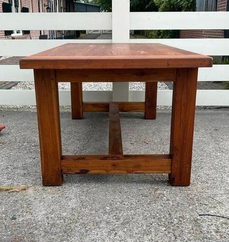Grote massieve robuuste brutalistiche teakhouten eettafel, Huis en Inrichting, Tafels | Eettafels, Zo goed als nieuw, 100 tot 150 cm